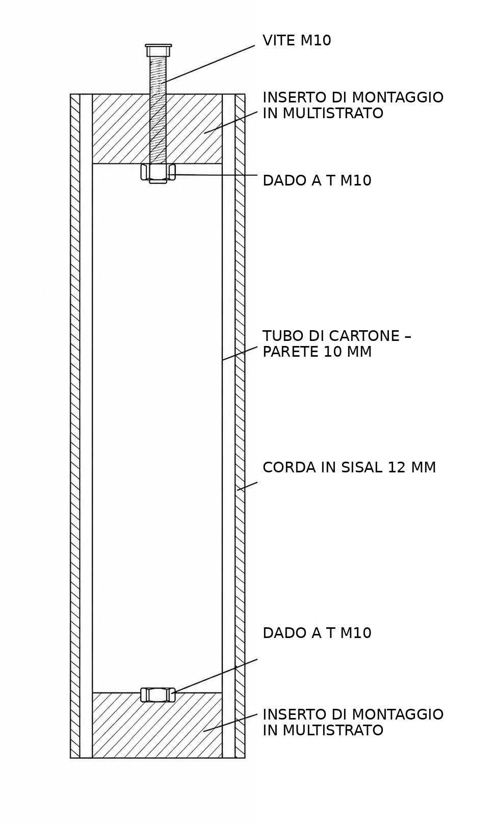 Schema di una colonna professionale: corda in sisal, tubo con parete spessa, inserti di montaggio in multistrato e collegamento M10.