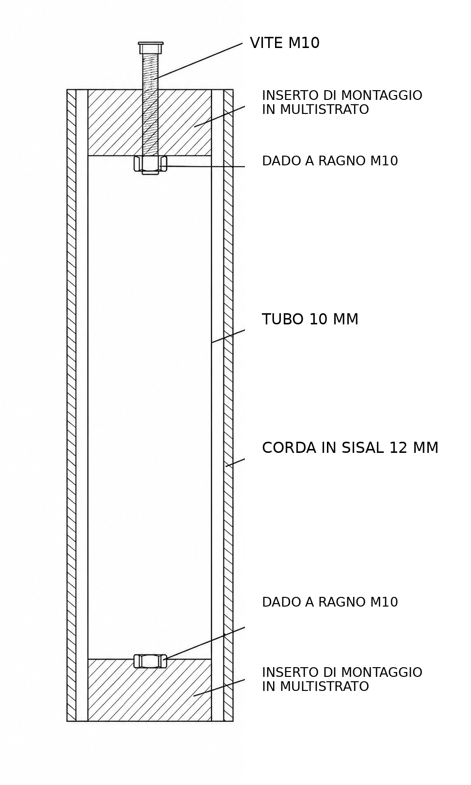 Sezione di una colonna professionale per tiragraffi: corda in sisal, tubo a parete spessa, inserti di montaggio in multistrato e collegamento M10.Sezione di una colonna professionale per tiragraffi: corda in sisal, tubo a parete spessa, inserti di montaggio in multistrato e collegamento M10.Sezione di una colonna professionale per tiragraffi: corda in sisal, tubo a parete spessa, inserti di montaggio in multistrato e collegamento M10.